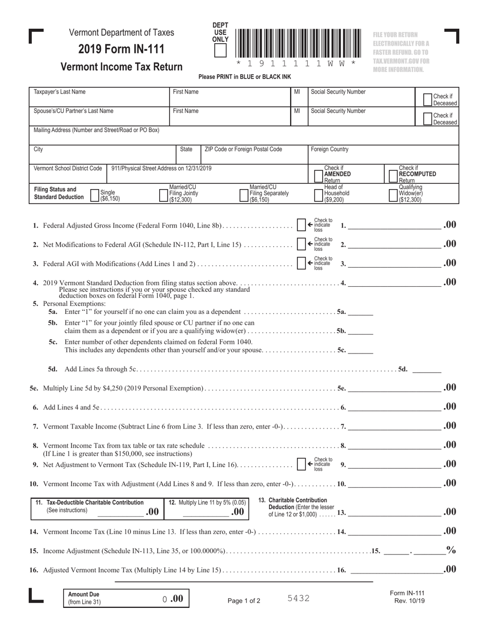 Form IN 111 Download Fillable PDF Or Fill Online Vermont Income Tax 