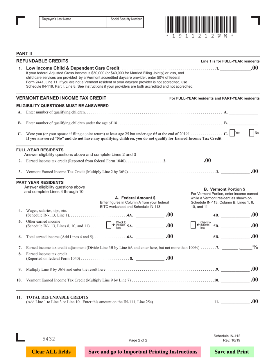 Schedule IN-112 Vermont Tax Adjustments and Credits - Vermont, Page 2