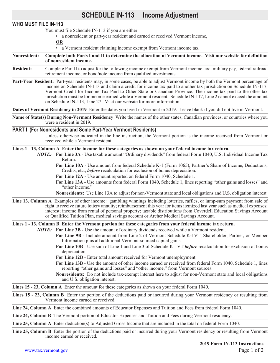 Instructions for Schedule IN-113 Vermont Income Adjustment Calculations - Vermont, Page 1