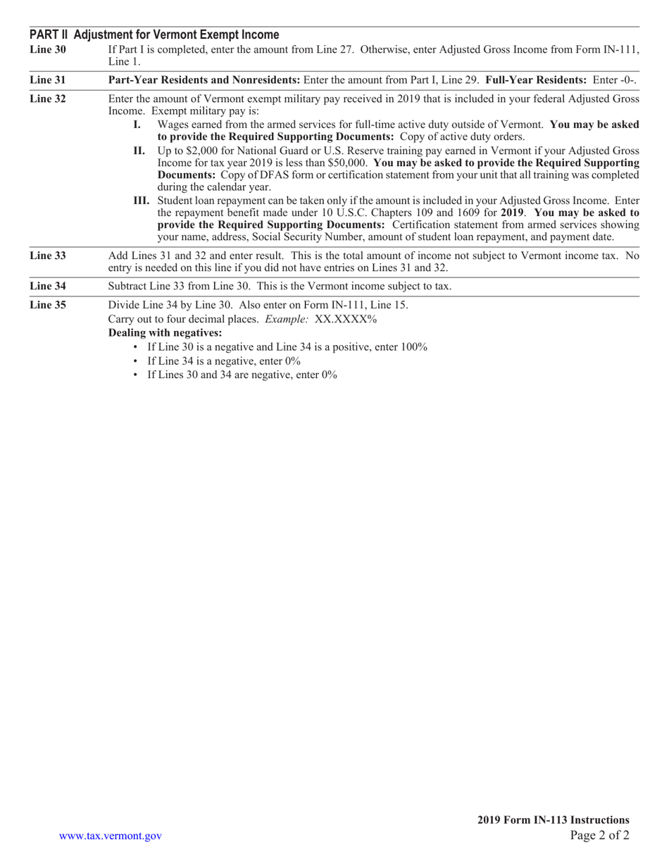Instructions for Schedule IN-113 Vermont Income Adjustment Calculations - Vermont, Page 2
