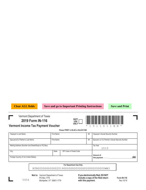 Form IN-116 2019 Printable Pdf