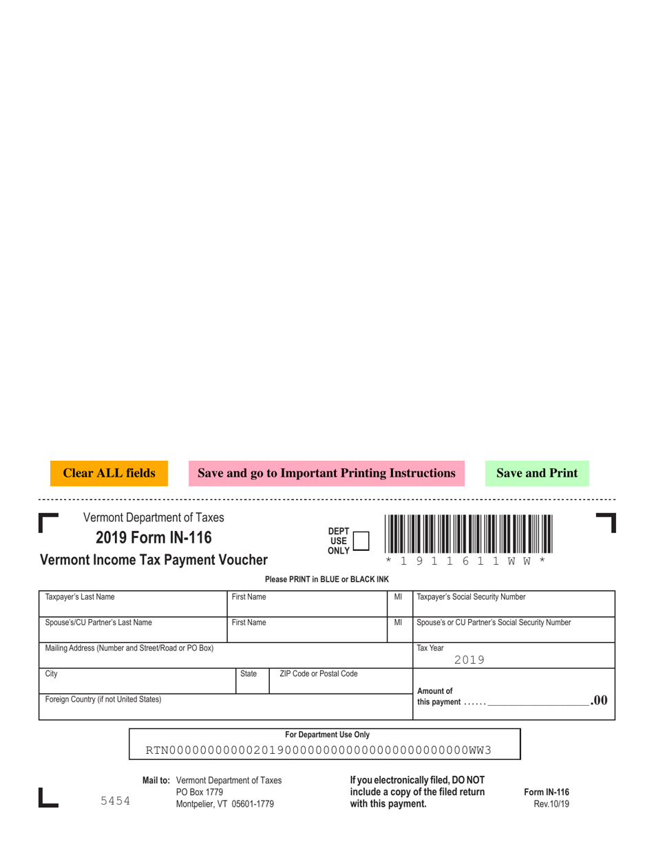 Form IN-116 Income Tax Payment Voucher - Vermont, Page 1