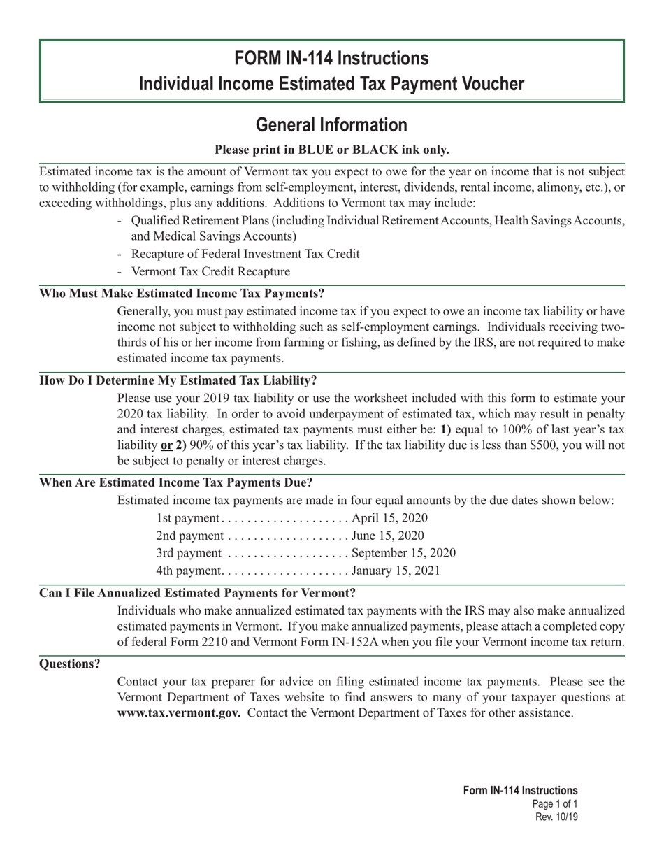 Download Instructions For Form IN 114 Vermont Individual Income   Instructions For Form In 114 Vermont Individual Income Estimated Tax Payment Voucher Vermont Print Big 