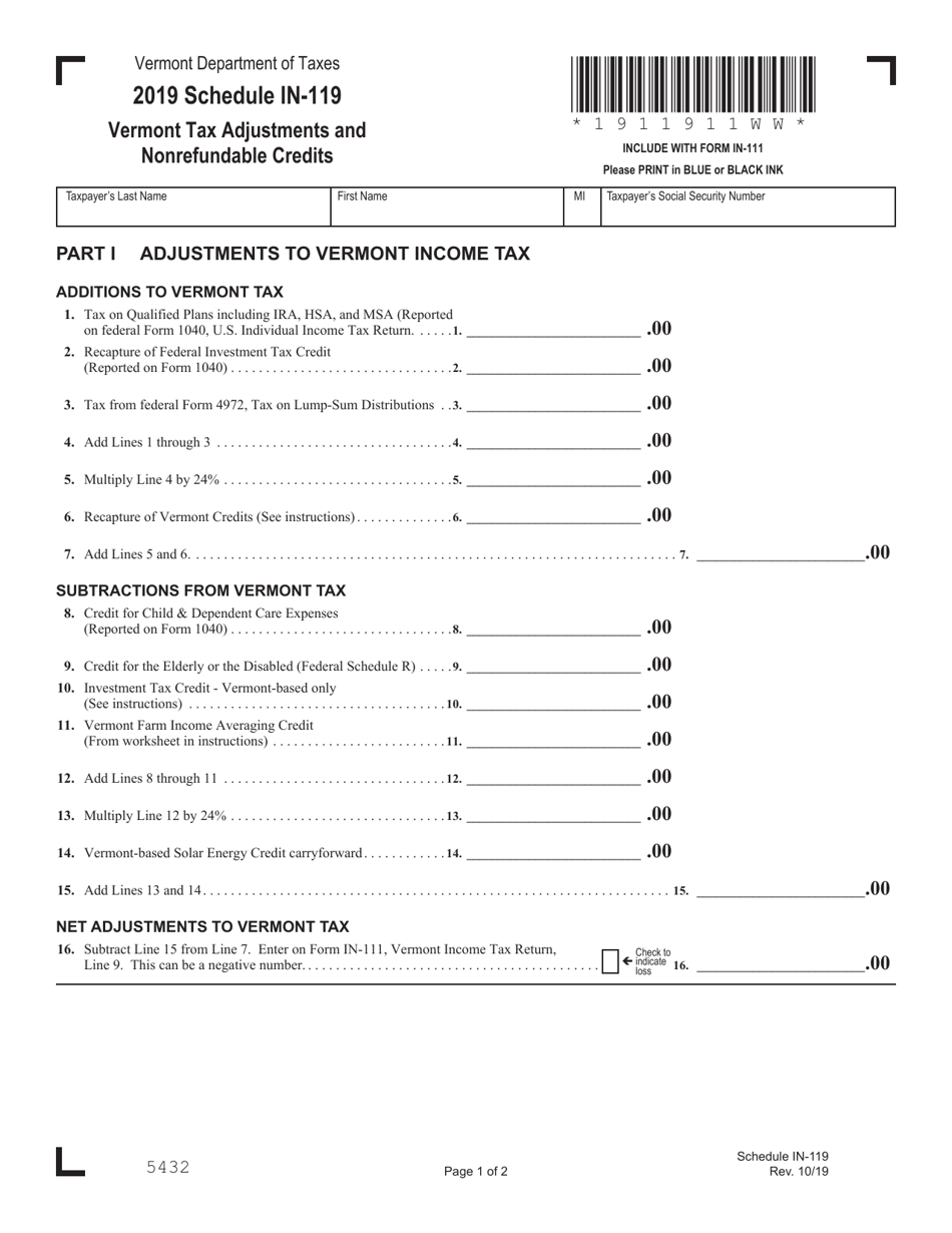 Form IN-111 Schedule IN-119 Vermont Tax Adjustments and Nonrefundable Credits - Vermont, Page 1