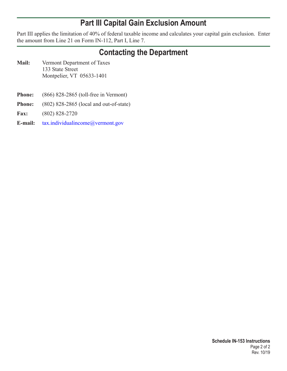 Instructions for Form IN-111 Schedule IN-153 Vermont Capital Gain Exclusion Calculation - Vermont, Page 2