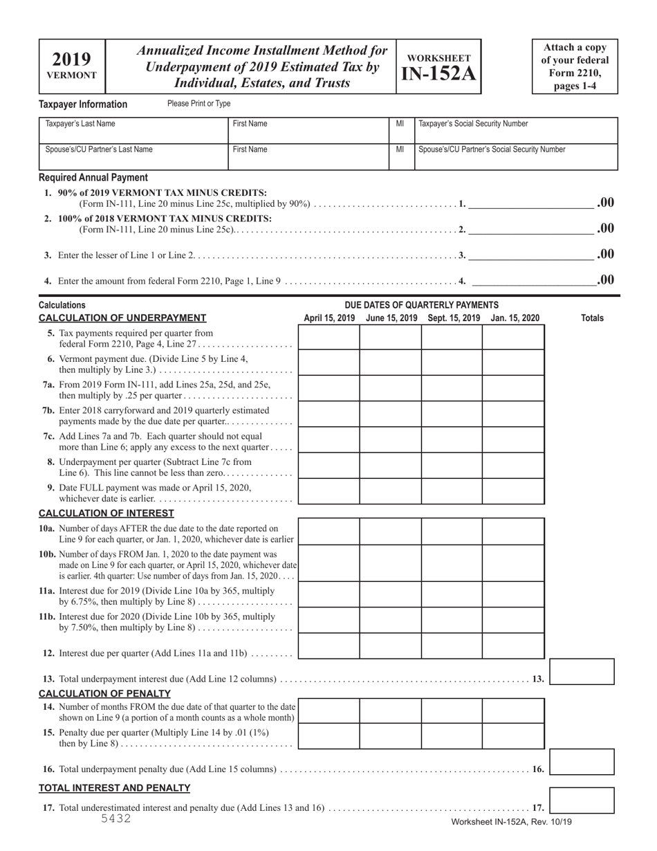 Worksheet IN-152A Annualized Income Installment Method for Underpayment of Estimated Tax by Individual, Estates, and Trusts - Vermont, Page 1