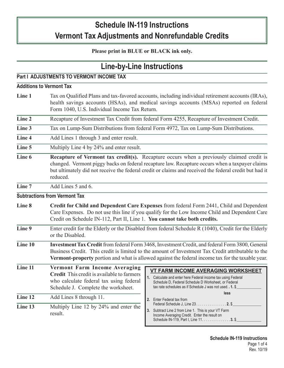 Instructions for Schedule IN-119 Vermont Tax Adjustments and Nonrefundable Credits - Vermont, Page 1