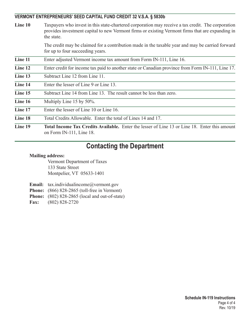 Instructions for Schedule IN-119 Vermont Tax Adjustments and Nonrefundable Credits - Vermont, Page 4