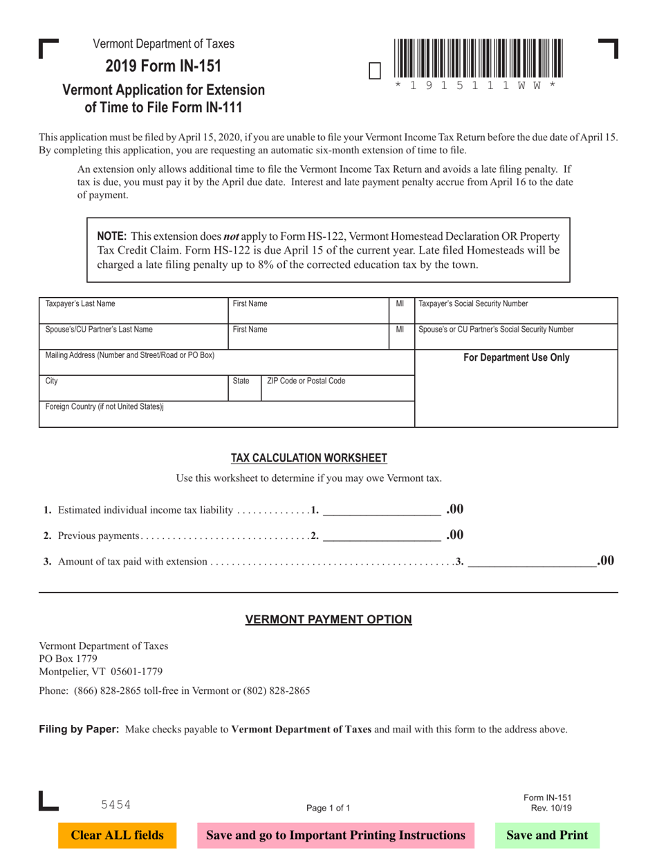 Form IN-151 Vermont Application for Extension of Time to File Form in-111 - Vermont, Page 1
