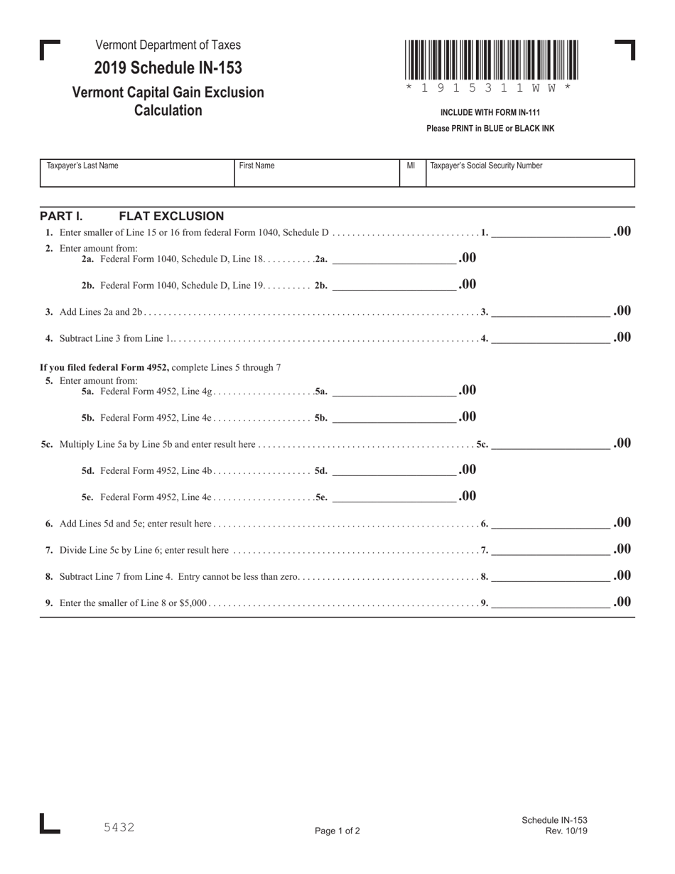 Schedule IN-153 Vermont Capital Gain Exclusion Calculation - Vermont, Page 1