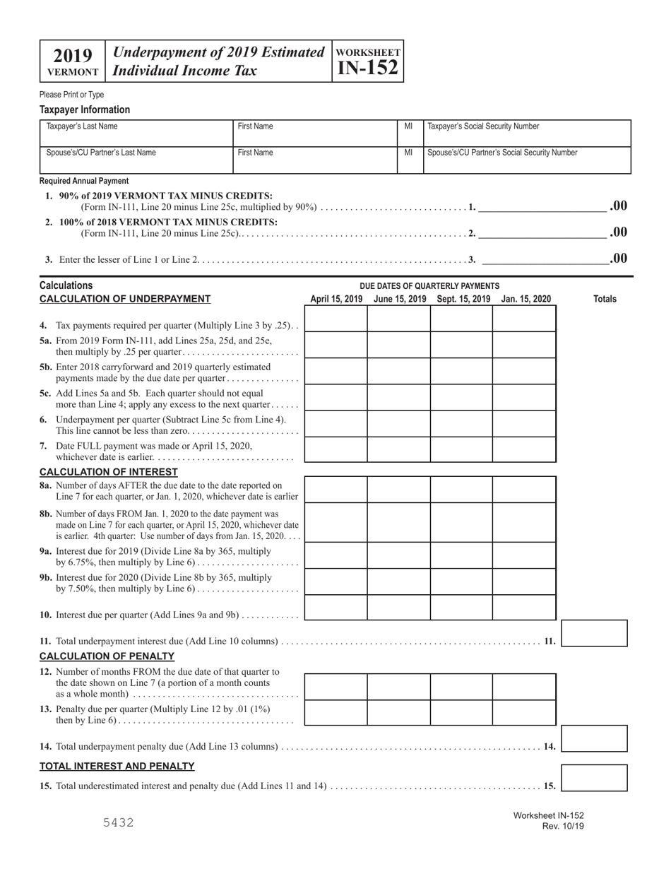 Worksheet IN-152 Underpayment of Estimated Individual Income Tax - Vermont, Page 1