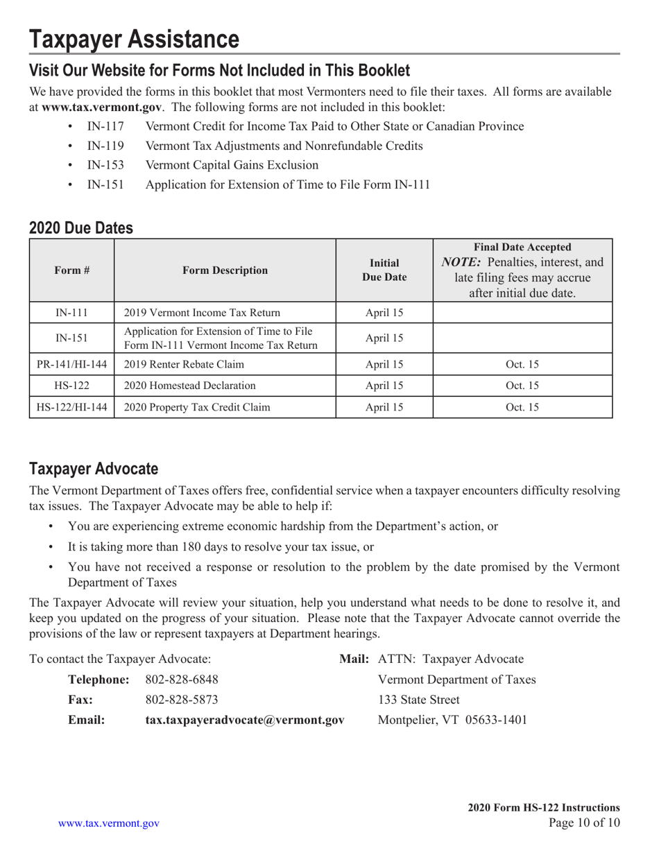 Download Instructions For Form HS-122 Vermont Homestead Declaration And ...