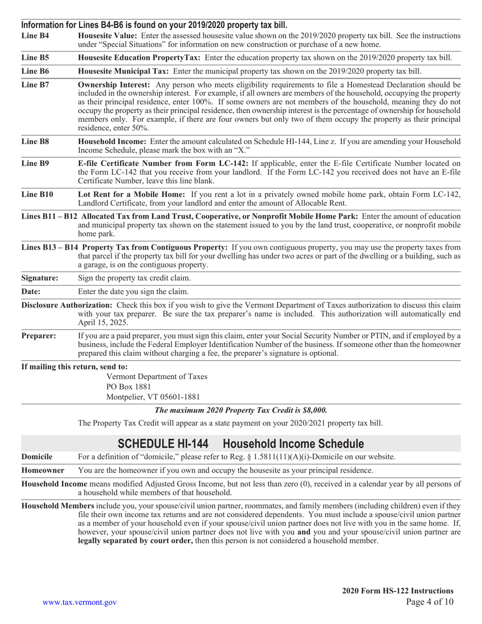 Download Instructions for Form HS122 Vermont Homestead Declaration and Property Tax Credit PDF