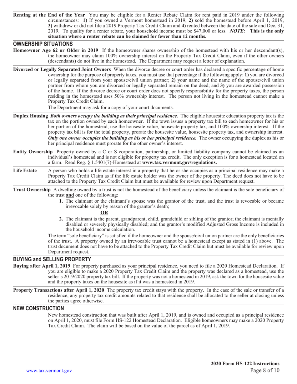 Download Instructions for Form HS122 Vermont Homestead Declaration and