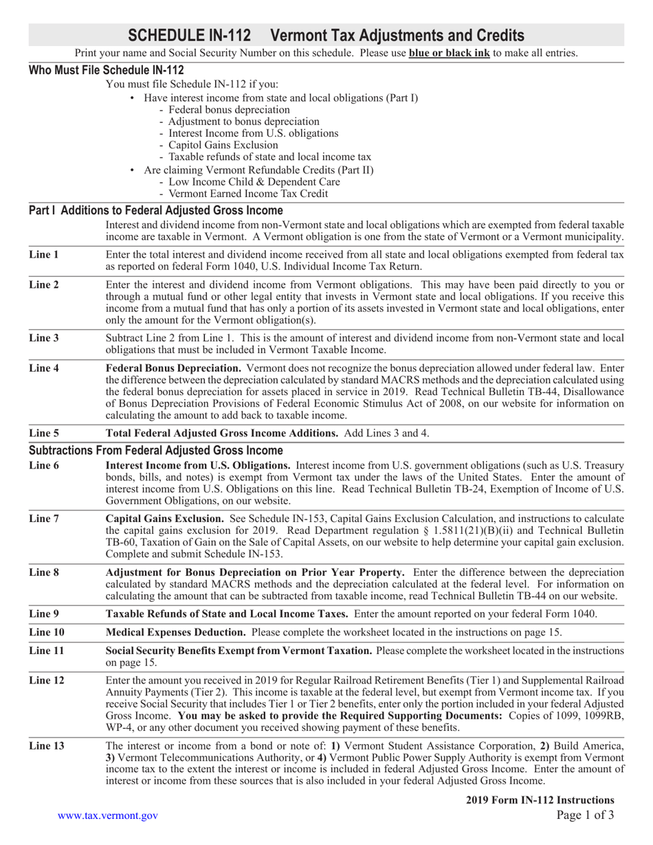 Instructions for Schedule IN-112 Vermont Tax Adjustments and Credits - Vermont, Page 1
