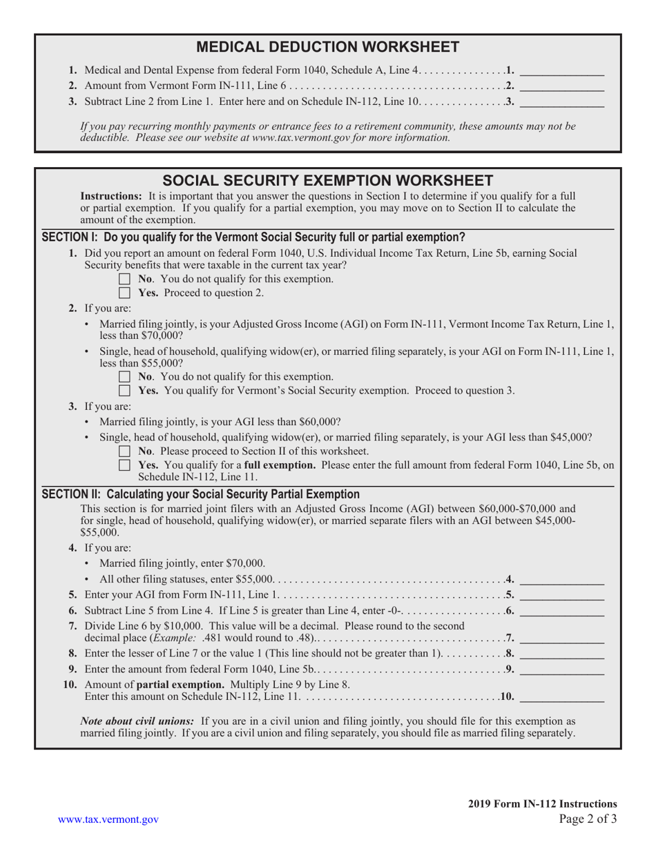 Instructions for Schedule IN-112 Vermont Tax Adjustments and Credits - Vermont, Page 2