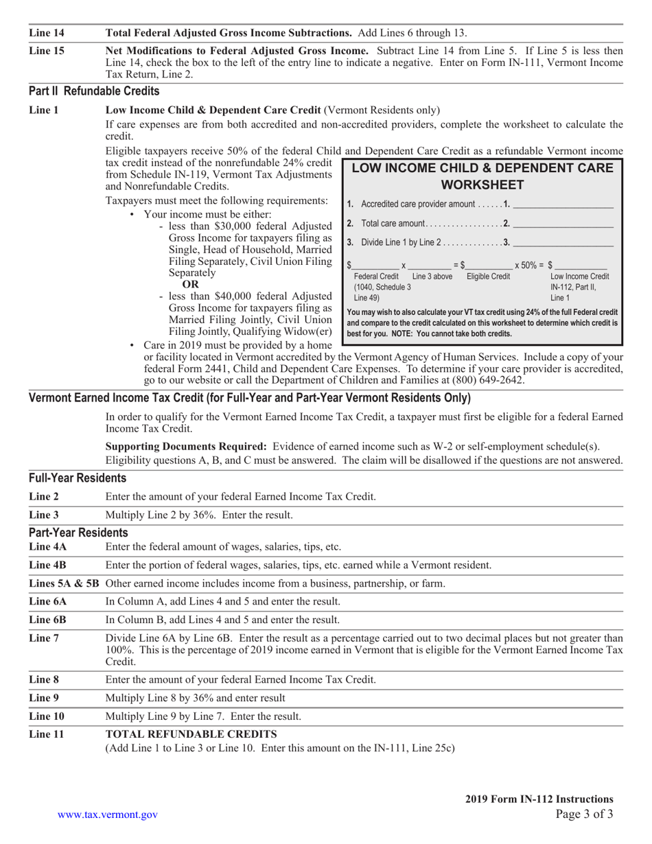 Instructions for Schedule IN-112 Vermont Tax Adjustments and Credits - Vermont, Page 3