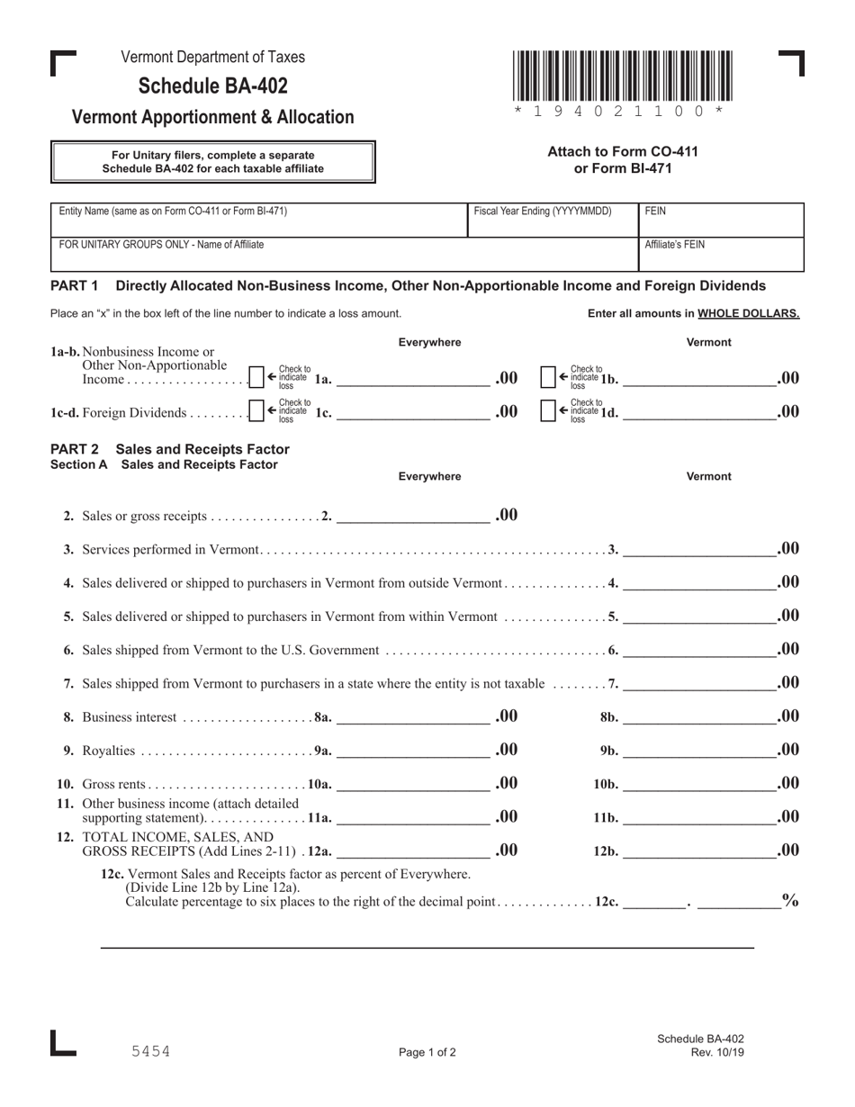 Form CO-411 (BI-471) Schedule BA-402 Vermont Apportionment  Allocation - Vermont, Page 1