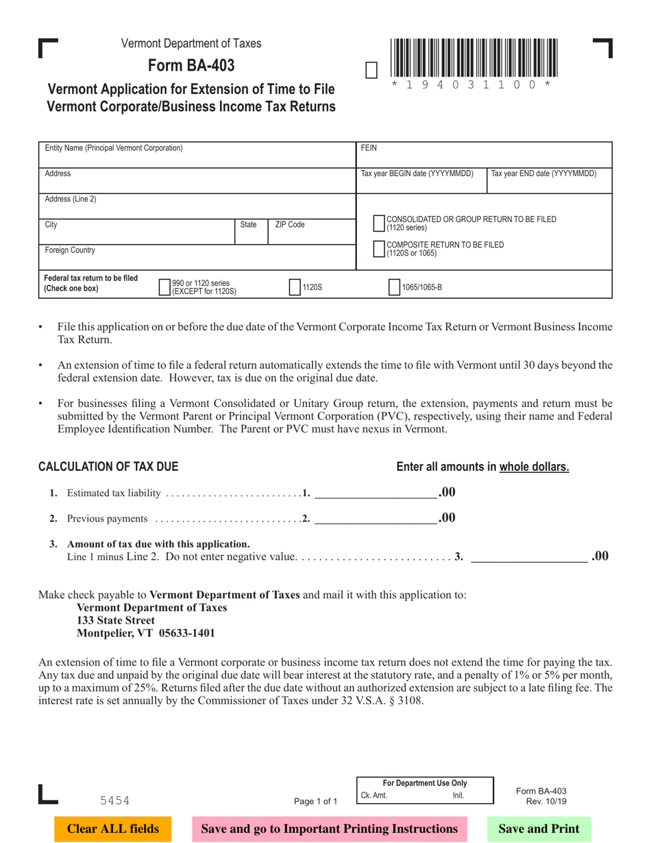 Form BA-403 Vermont Application for Extension of Time to File Vermont Corporate / Business Income Tax Returns - Vermont, Page 1