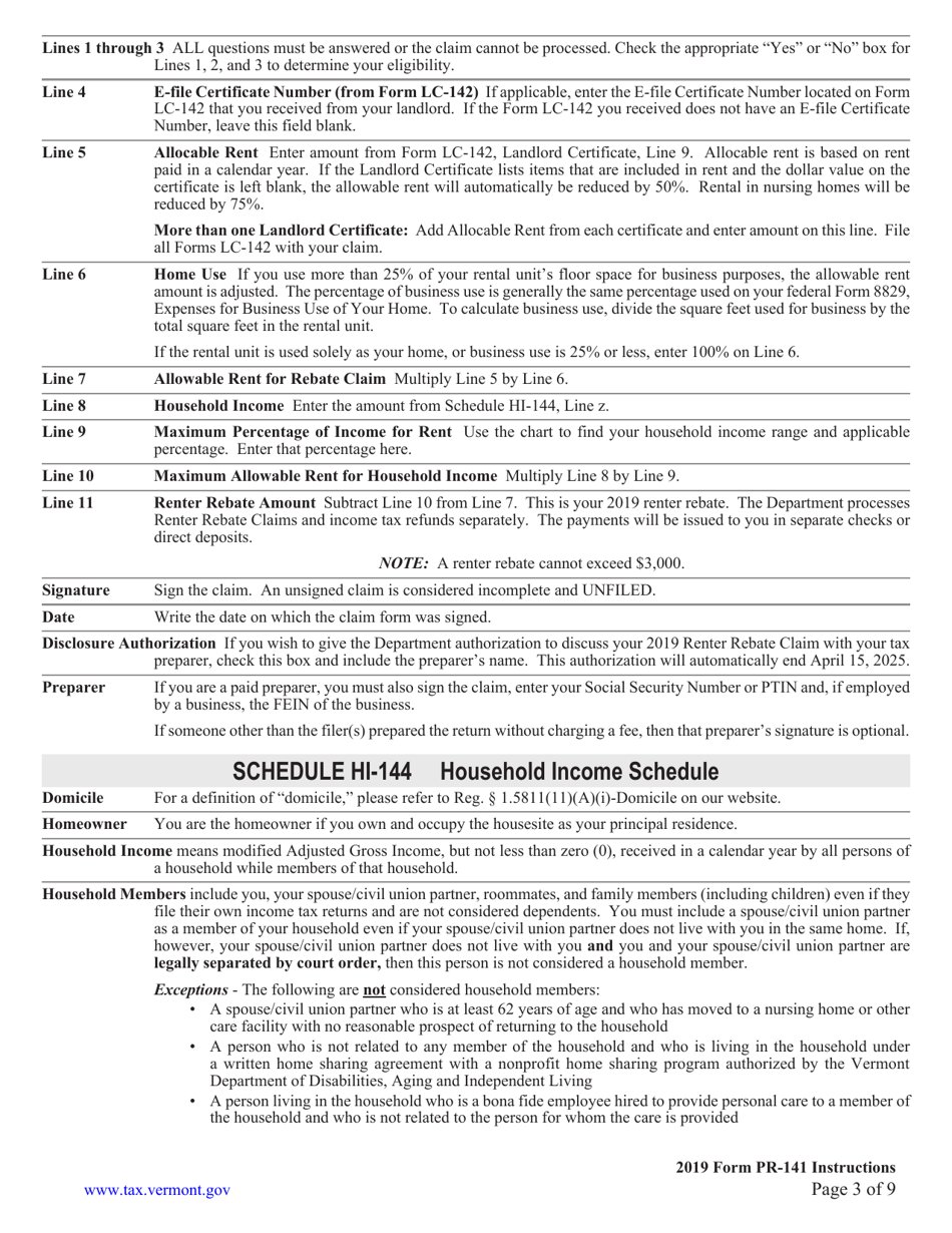 Download Instructions For Form PR 141 Vermont Renter Rebate Claim PDF 
