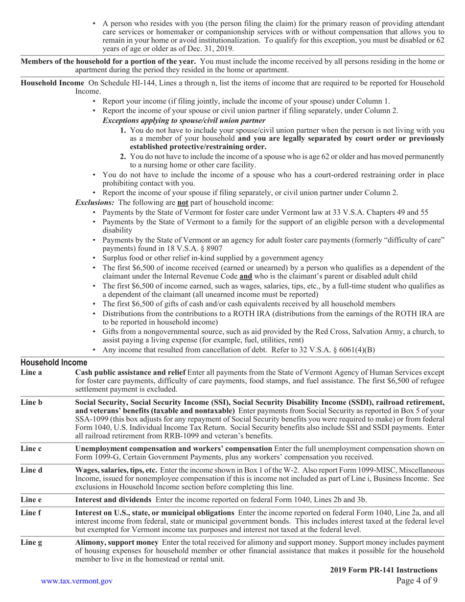 Instructions for Form PR-141 Vermont Renter Rebate Claim - Vermont, Page 4