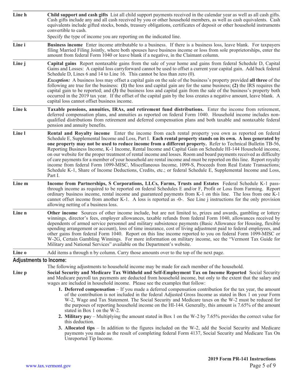 Instructions for Form PR-141 Vermont Renter Rebate Claim - Vermont, Page 5