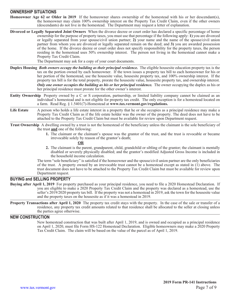 Instructions for Form PR-141 Vermont Renter Rebate Claim - Vermont, Page 7