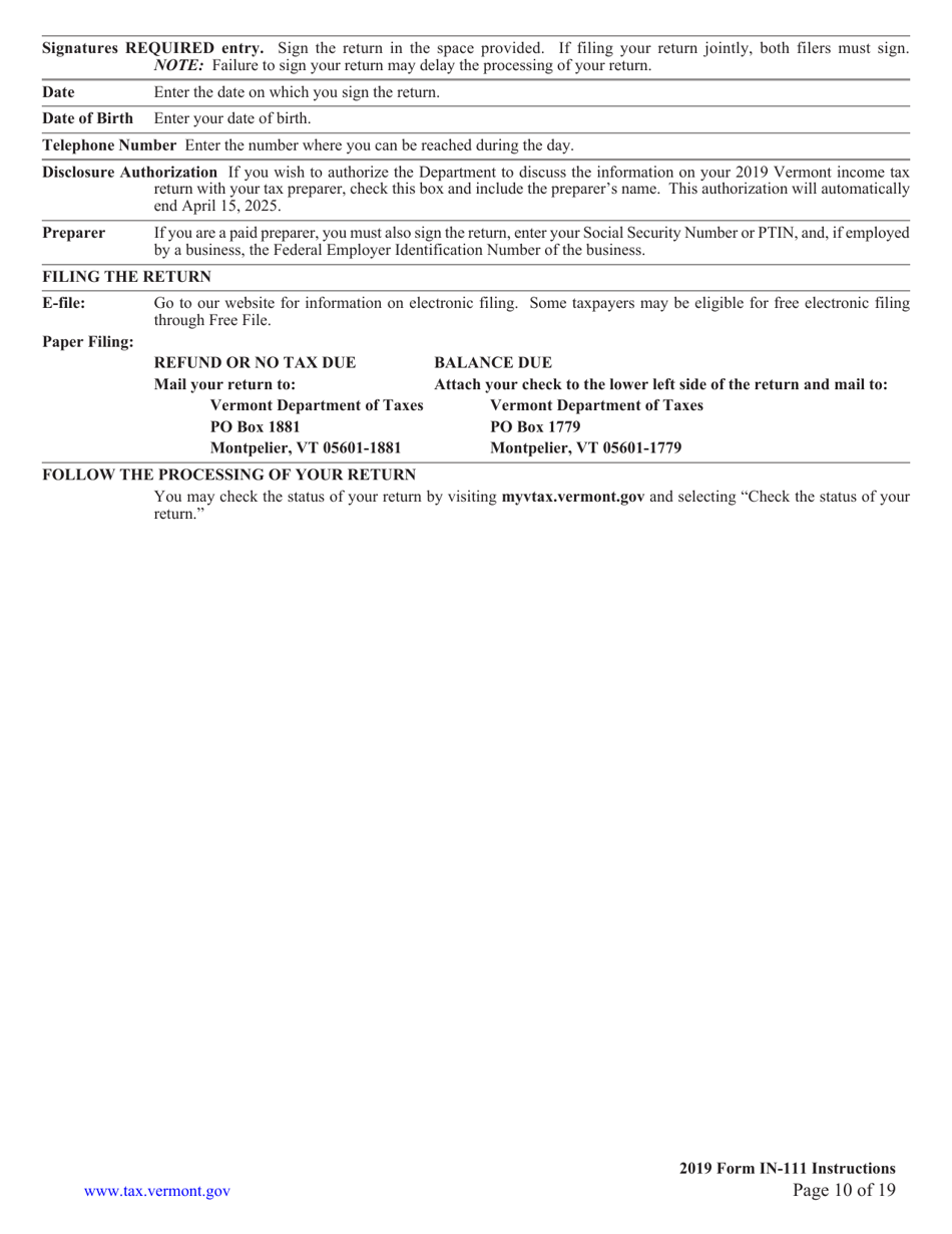 Instructions for Form IN-111 Vermont Income Tax Return - Vermont, Page 10