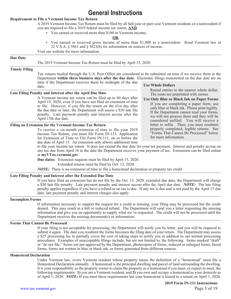 Instructions for Form IN-111 Vermont Income Tax Return - Vermont, Page 3