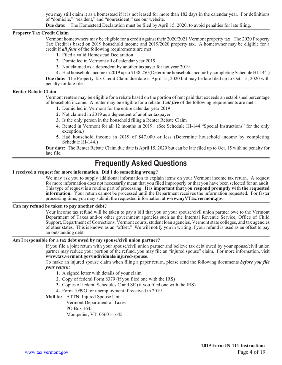 Instructions for Form IN-111 Vermont Income Tax Return - Vermont, Page 4