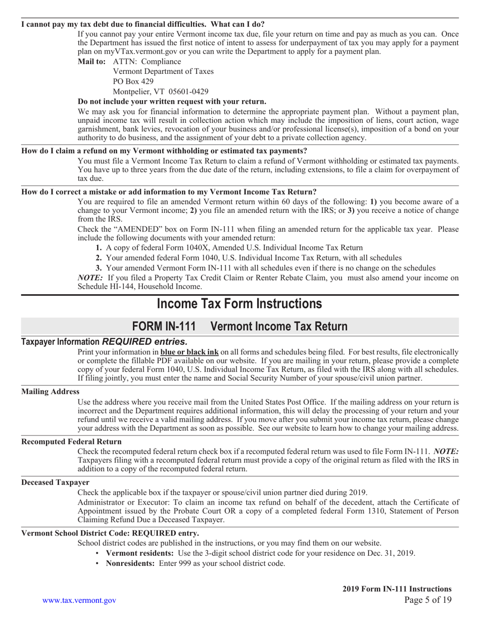 Instructions for Form IN-111 Vermont Income Tax Return - Vermont, Page 5