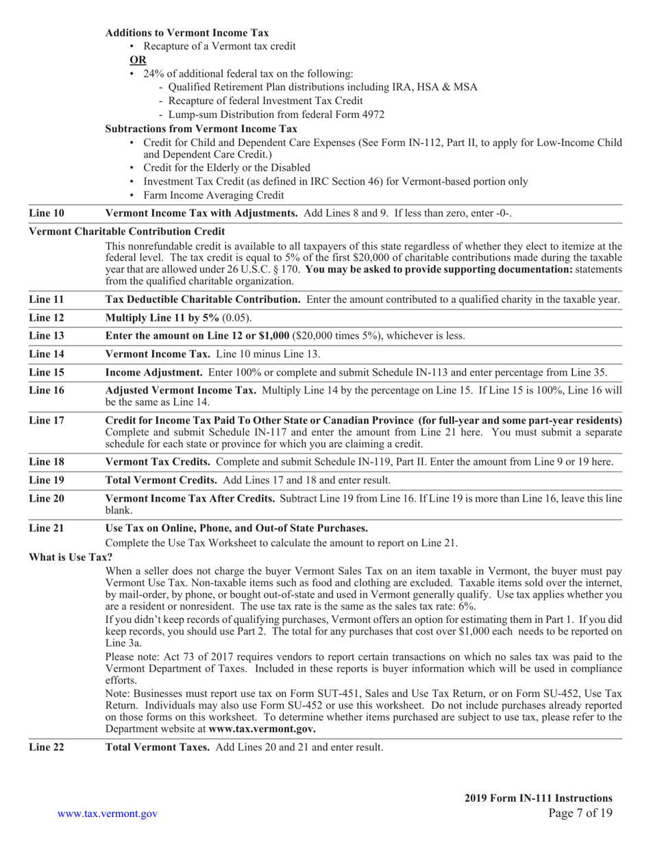 Instructions for Form IN-111 Vermont Income Tax Return - Vermont, Page 7