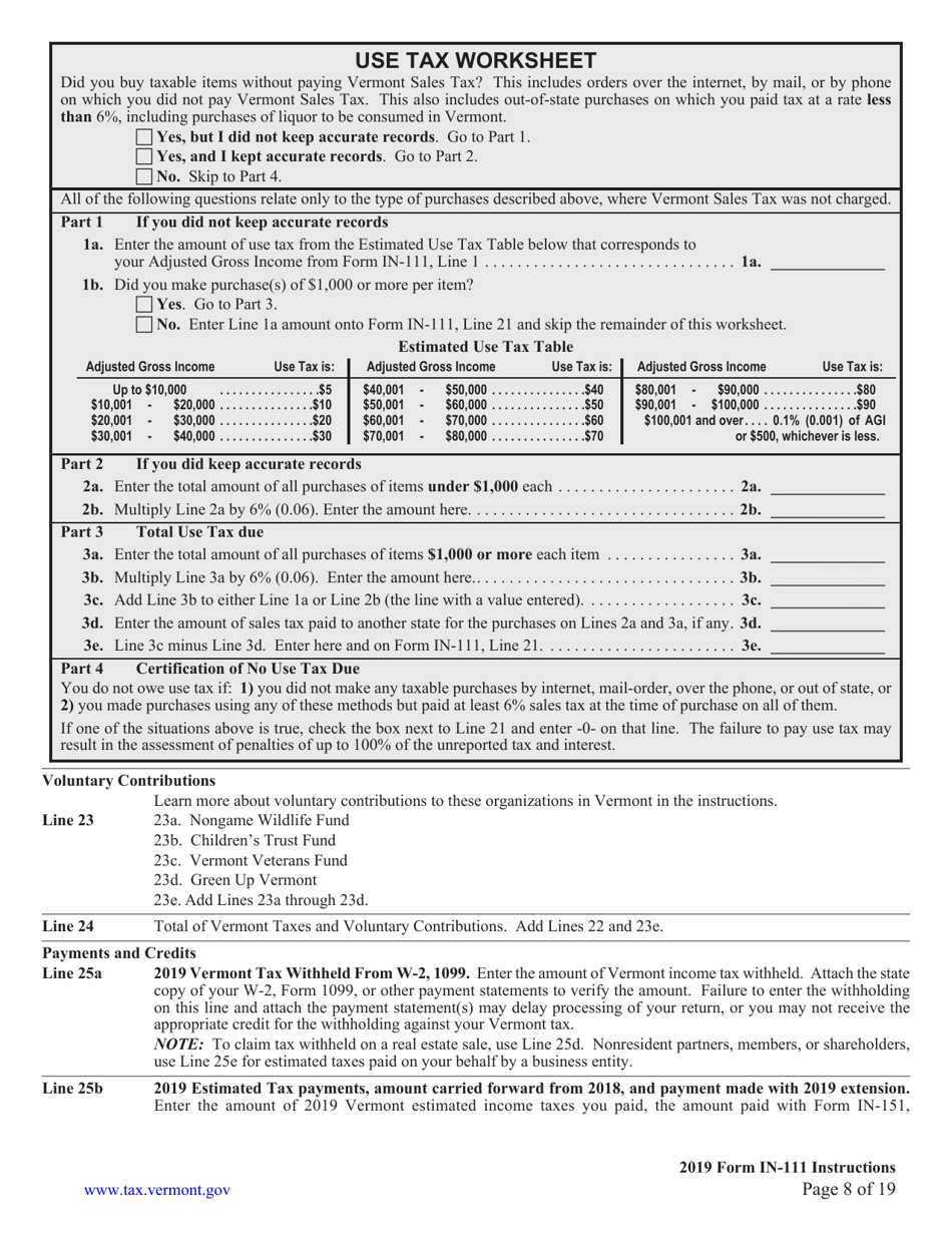 Instructions for Form IN-111 Vermont Income Tax Return - Vermont, Page 8