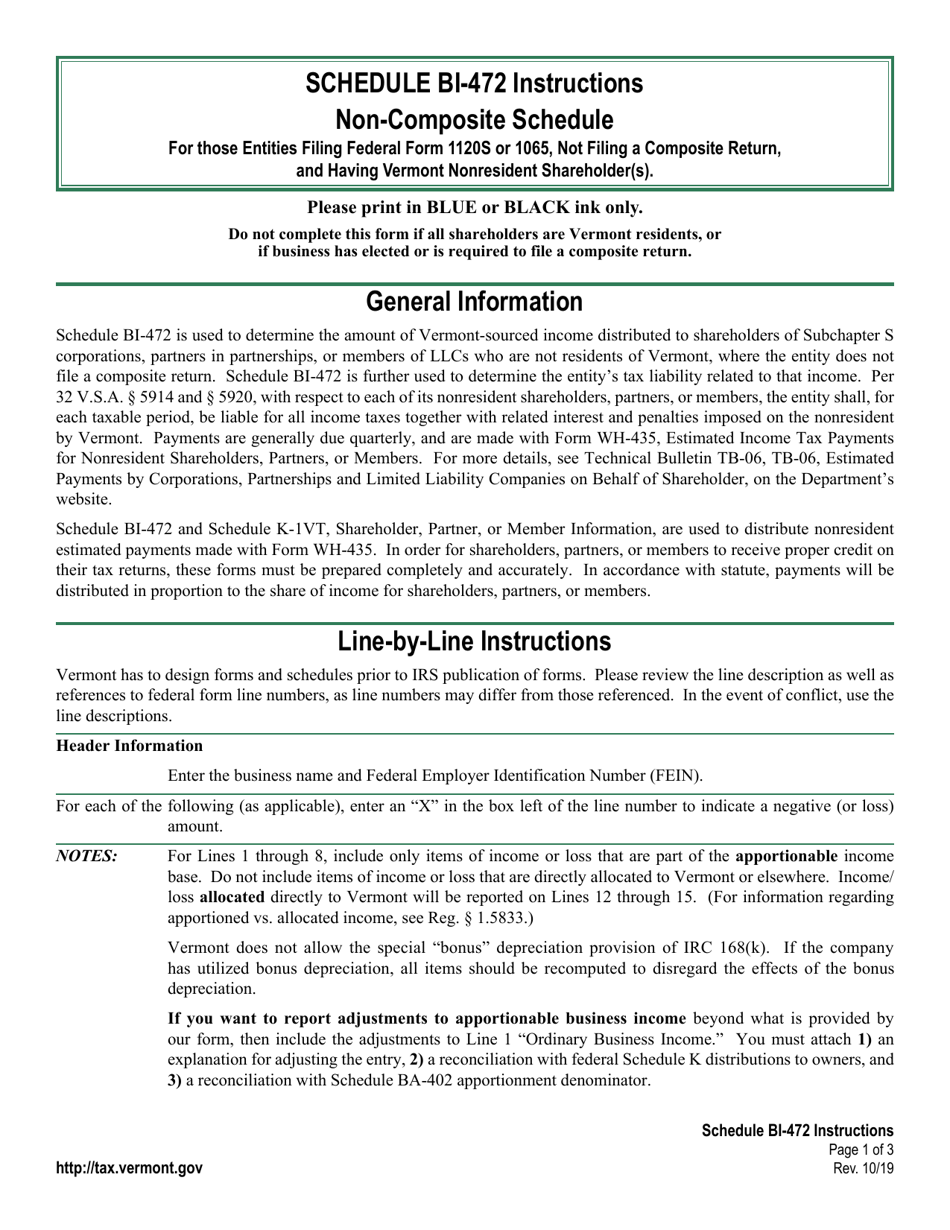 Instructions for Schedule BI-472 Vermont Non-composite - Vermont, Page 1