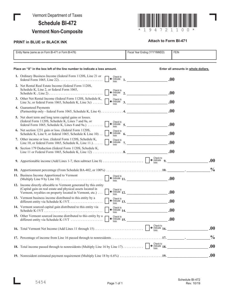 Schedule BI-472 Vermont Non-composite - Vermont, Page 1