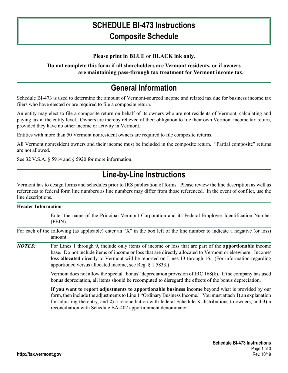 Instructions for Schedule BI-473 Vermont Composite - Vermont, Page 1