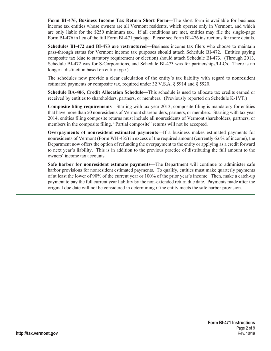 Instructions for Form BI-471 Vermont Business Income Tax Return - Vermont, Page 2