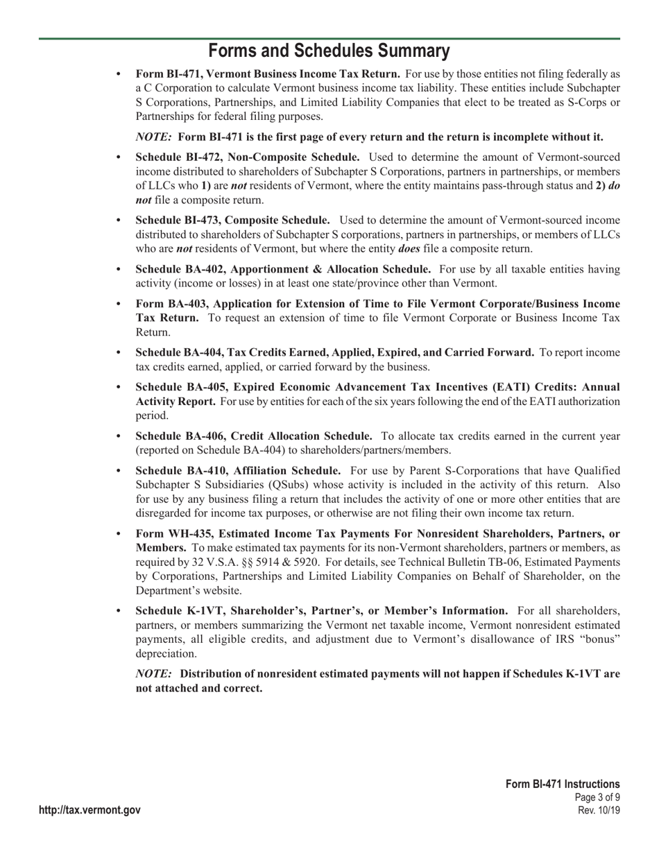 Instructions for Form BI-471 Vermont Business Income Tax Return - Vermont, Page 3