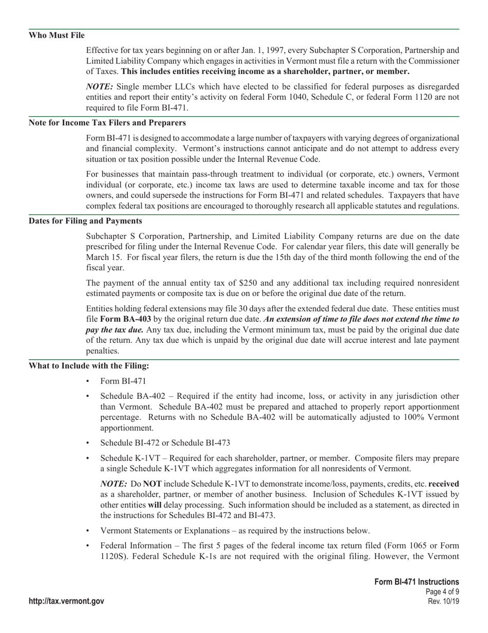 Instructions for Form BI-471 Vermont Business Income Tax Return - Vermont, Page 4