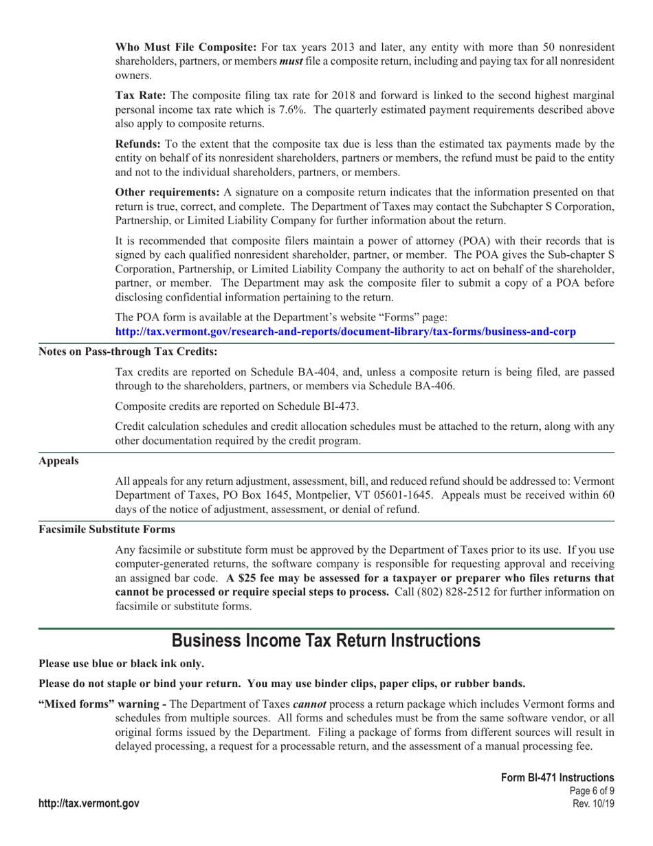 Instructions for Form BI-471 Vermont Business Income Tax Return - Vermont, Page 6