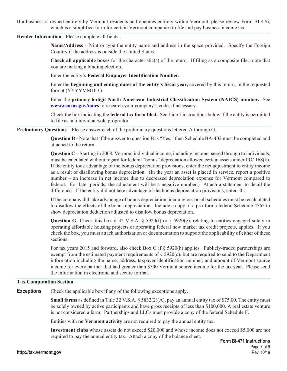Instructions for Form BI-471 Vermont Business Income Tax Return - Vermont, Page 7