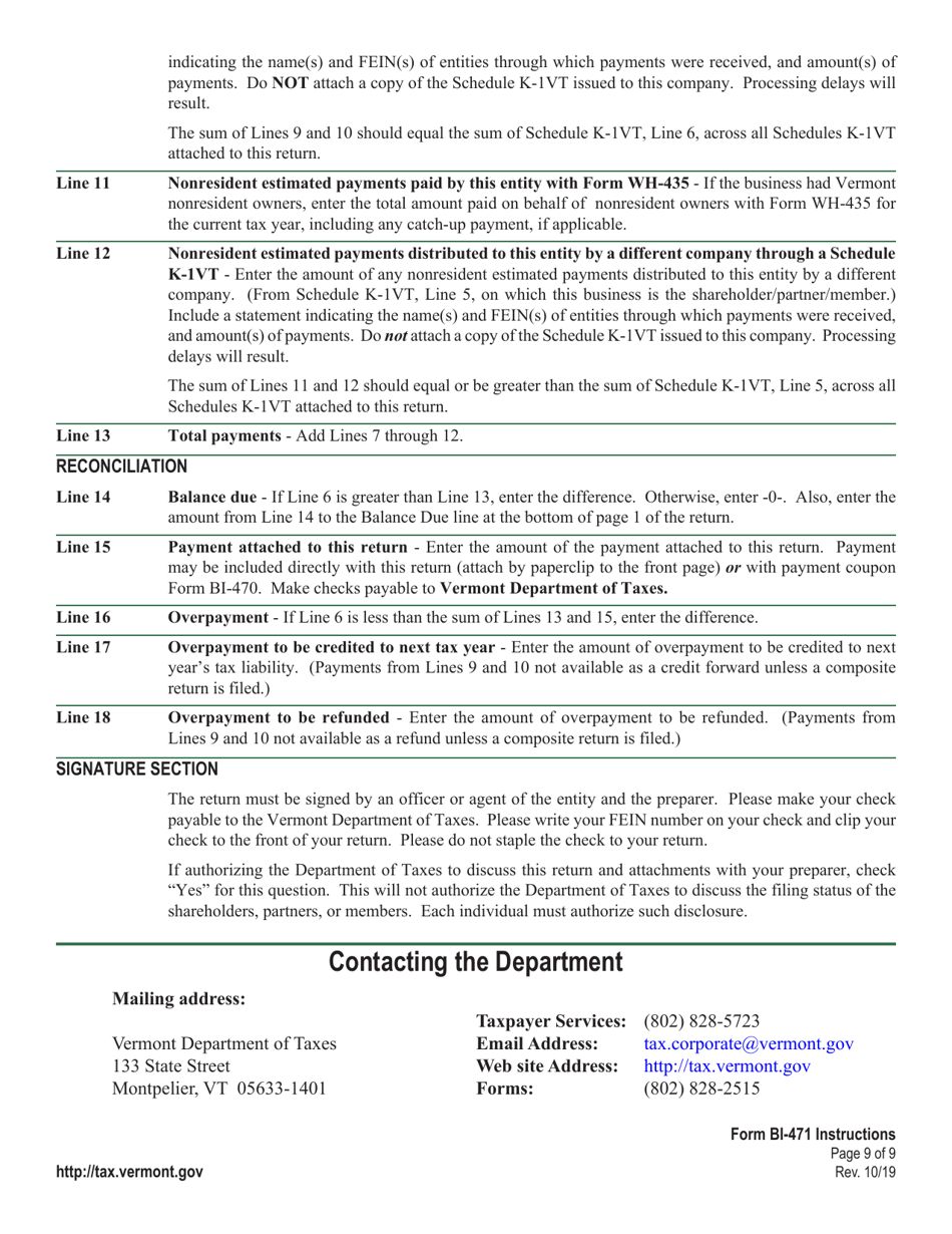 Instructions for Form BI-471 Vermont Business Income Tax Return - Vermont, Page 9