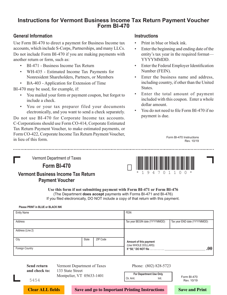 Form BI470 Fill Out, Sign Online and Download Fillable PDF, Vermont