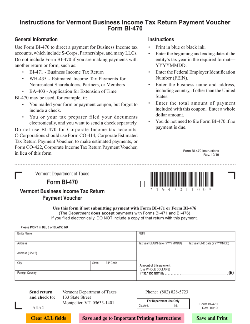 Form BI-470 Vermont Business Income Tax Return Payment Voucher - Vermont, Page 1