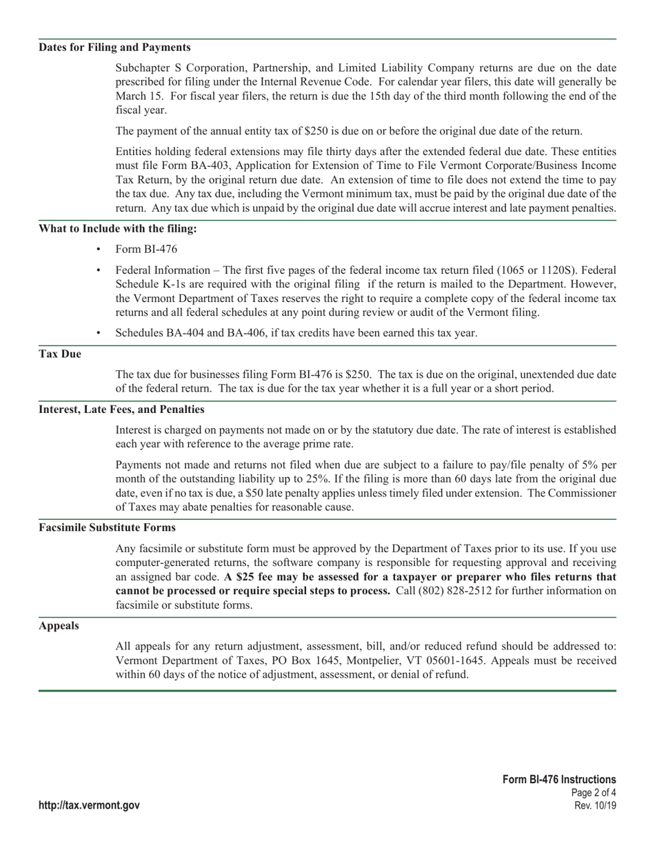Instructions for Form BI-476 Vermont Business Income Tax Return for Resident Only - Vermont, Page 2