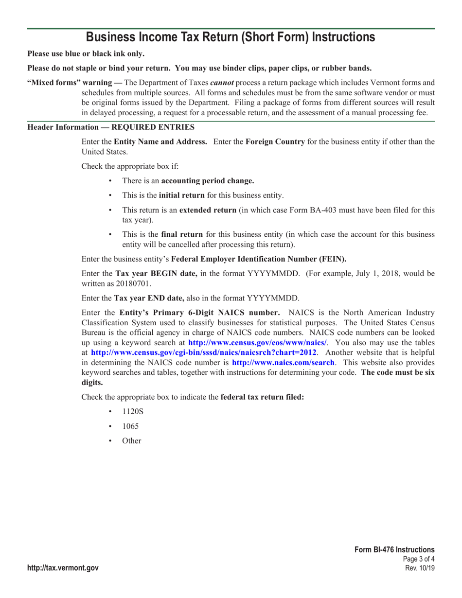 Instructions for Form BI-476 Vermont Business Income Tax Return for Resident Only - Vermont, Page 3