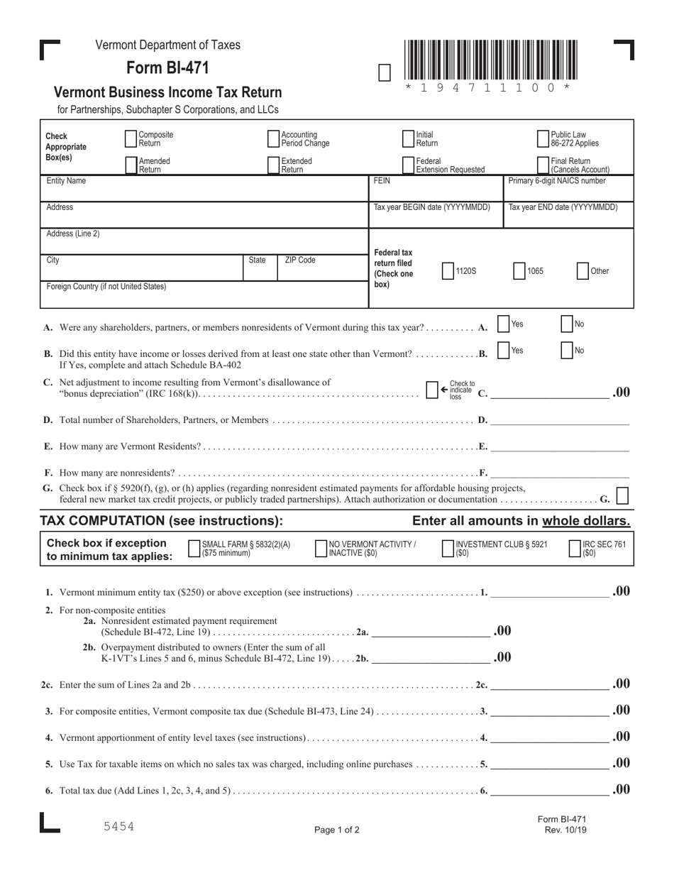 Form BI-471 Vermont Business Income Tax Return - Vermont, Page 1