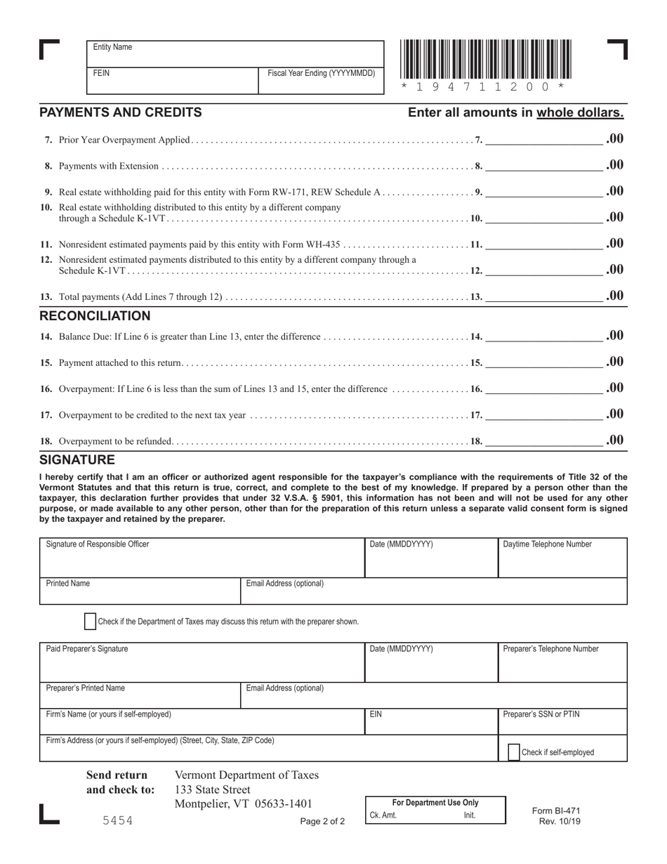 Form BI-471 Vermont Business Income Tax Return - Vermont, Page 2