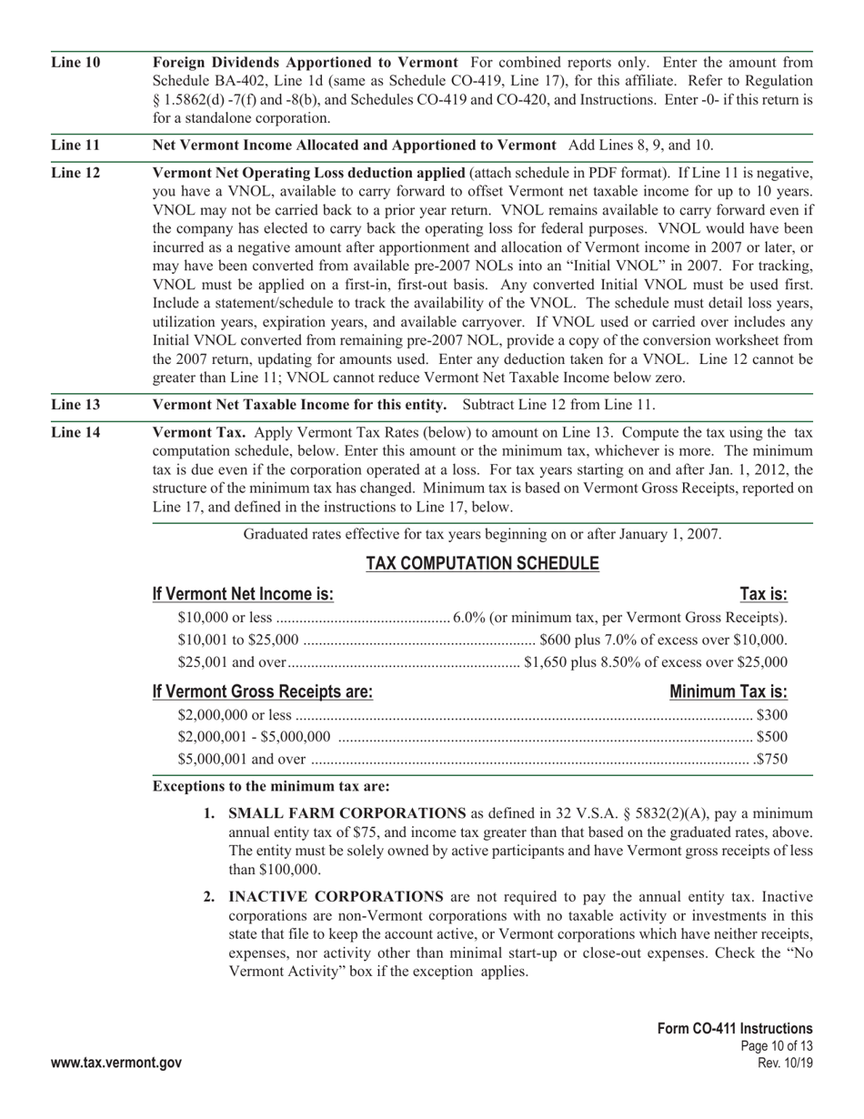 Instructions for Form CO-411 Vermont Corporate Income Tax Return - Vermont, Page 10