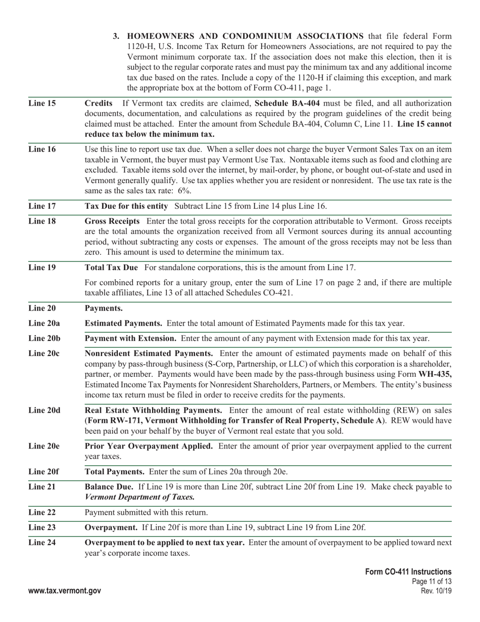 Instructions for Form CO-411 Vermont Corporate Income Tax Return - Vermont, Page 11